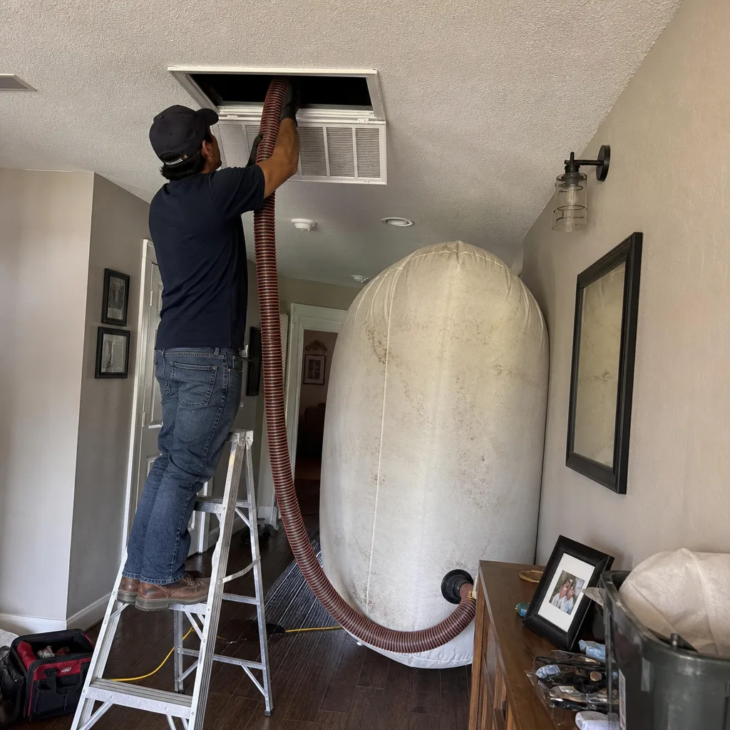 Technician using a vacuum hose for professional residential air duct cleaning service