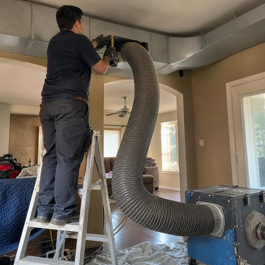 Technician using vacuum equipment to clean and repair home air ducts